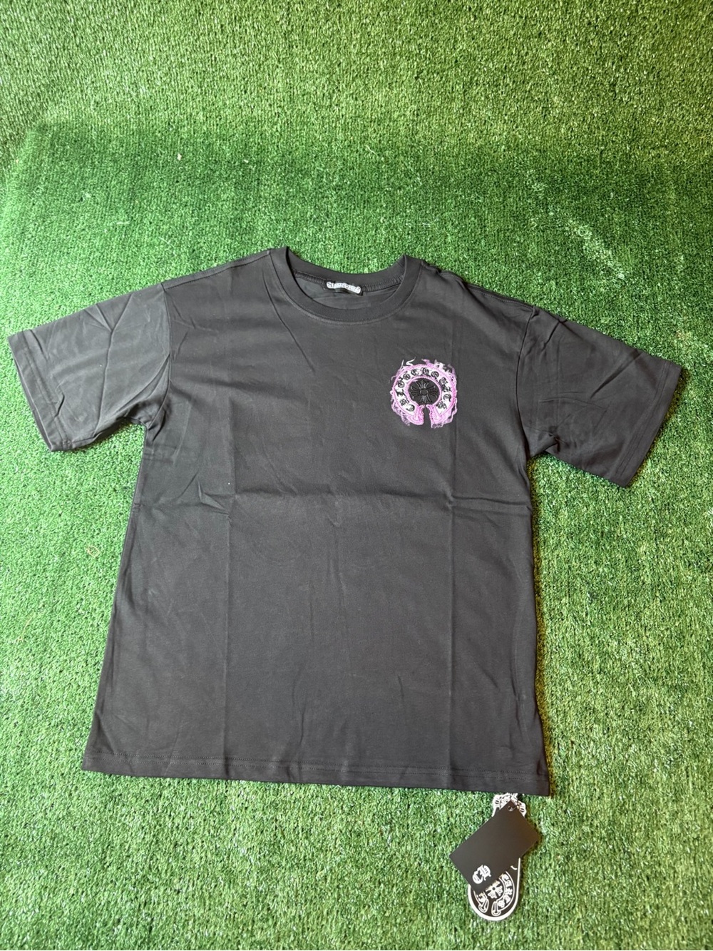 Chrome Hearts Black Short Sleeve Tee with Pink Chest Graphic